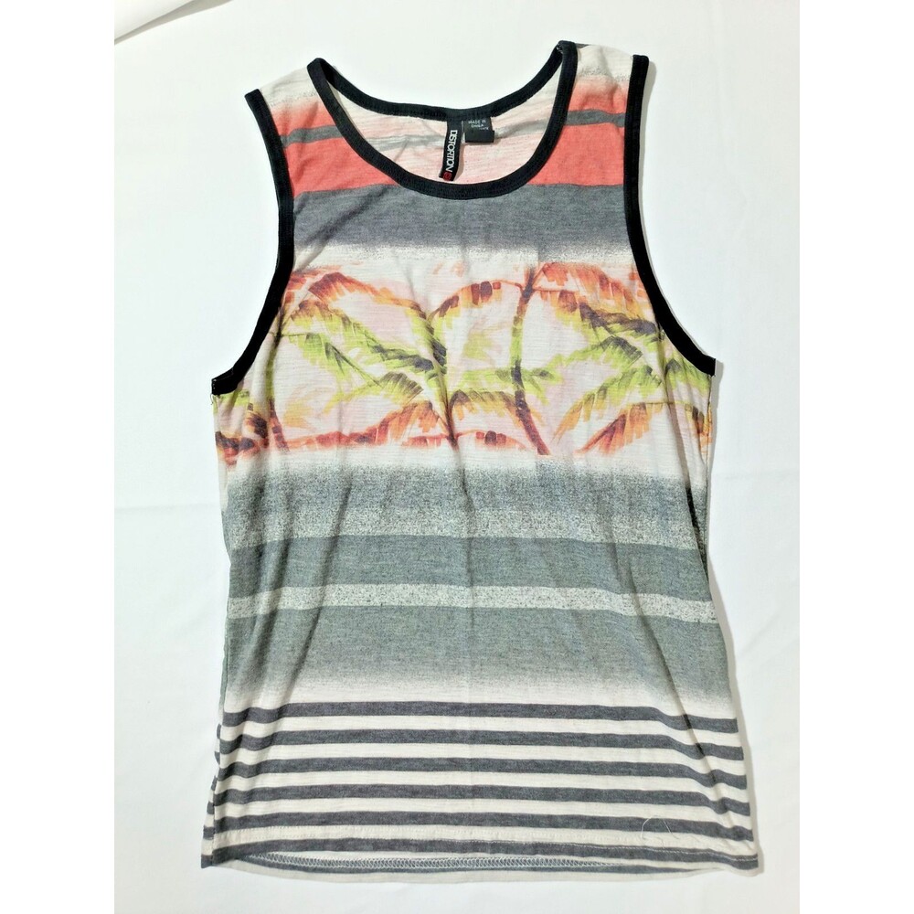 Distortion Boys L 14/16 Tropical Palm Tree Tank Top Striped Beach Graphic Shirt